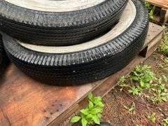 (4) 7.00-16 White Wall Firestone Tires, Wooden Spoked 30” Rim with Tire