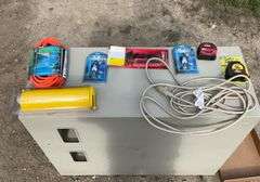 Flat of extension cords, air hose, hex keys, tape measure