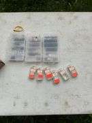 Flat of storage boxes w/contents & misc nuts & washers
