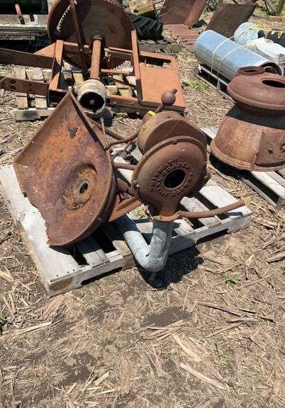 Old metal forge w/blower, Midway spiral geared blower