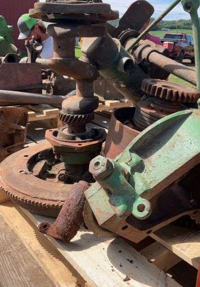 John Deere H block, crank, shift tower, fan shaft, governor, pulley, misc.