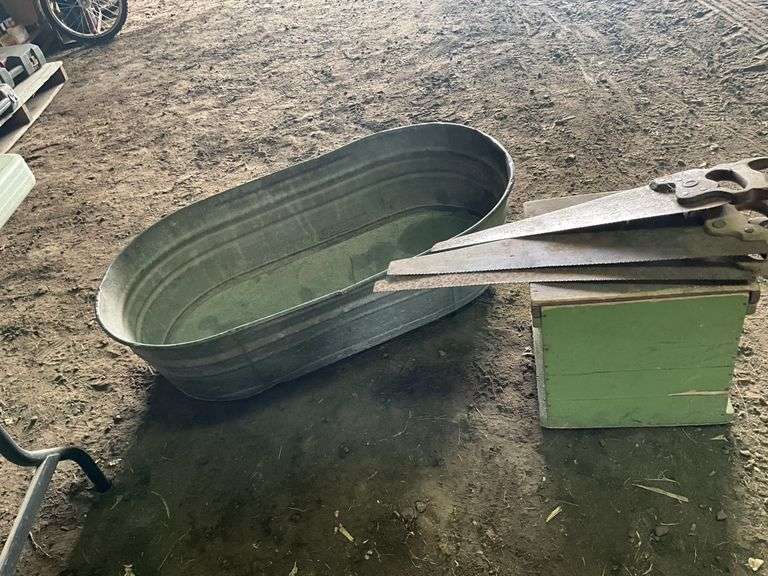 Galvanized Wash Tubs, Wooden Step, Vintage Hand Saws
