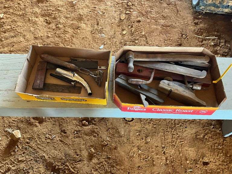 2 flats of hand planes, squares, carpenter tools