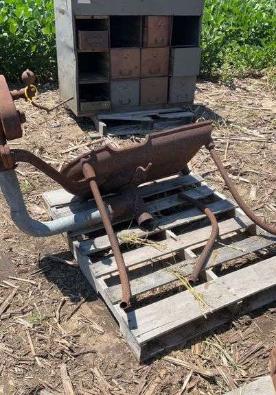Old metal forge w/blower, Midway spiral geared blower
