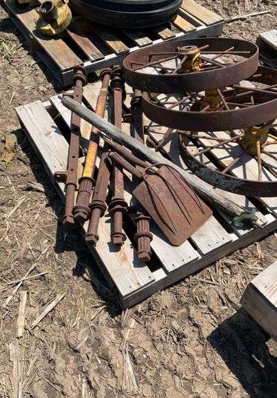 Pallet of (3) iron wheels, 28", (5) metal axles