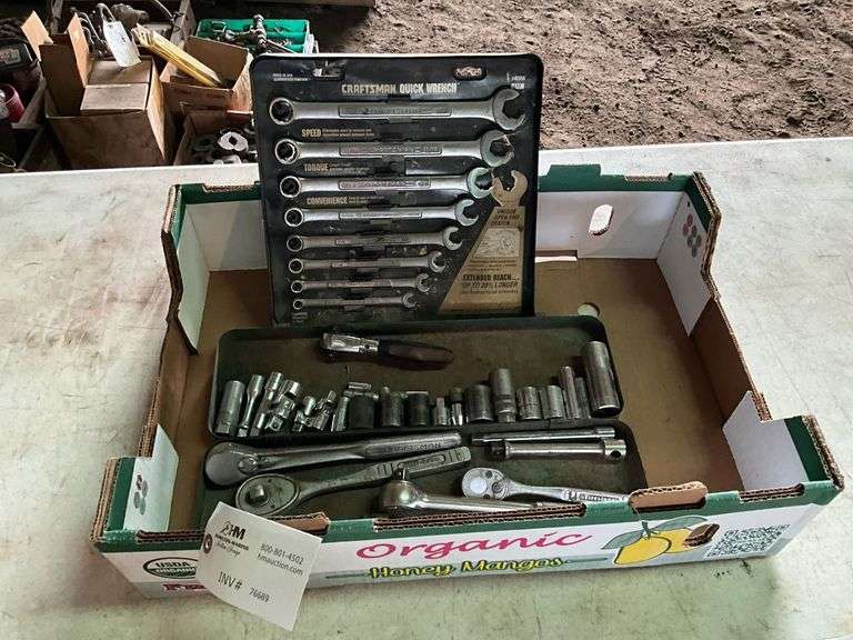 Assorted 3/8” and 1/2” Sockets, Ratchets, Craftsman Sae Quickwrench Set