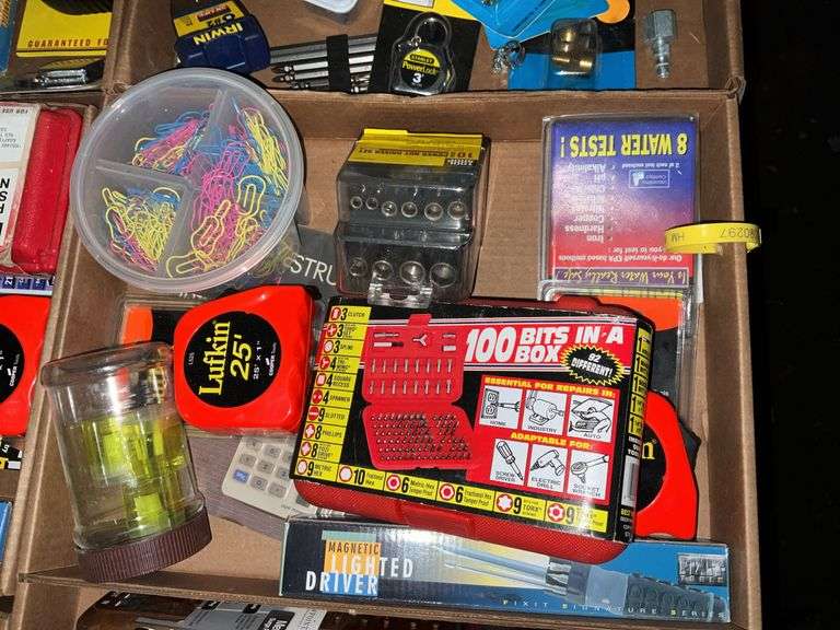 Flat of Best way Tools, 100 bits in a box; tape measures, clips