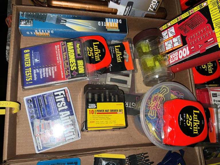 Flat of Best way Tools, 100 bits in a box; tape measures, clips
