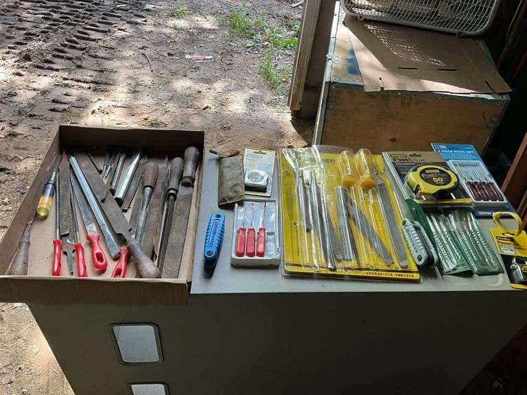 Flat with assortment of files, tape measures, hook sets & hex keys