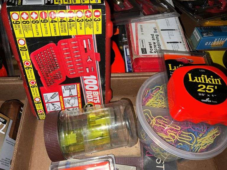 Flat of Best way Tools, 100 bits in a box; tape measures, clips
