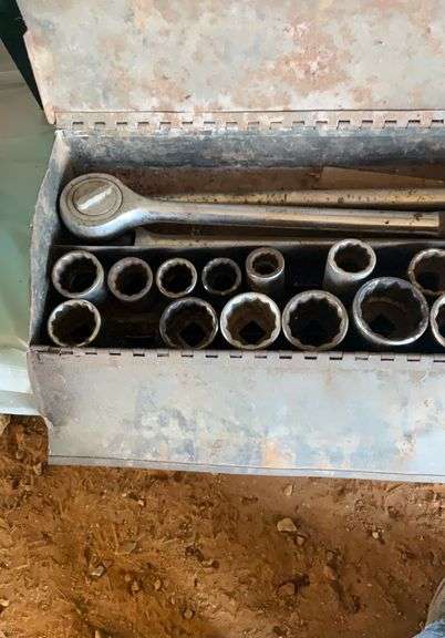 Steel toolbox w/ 3/4 in sockets, ratchets and breaker bar