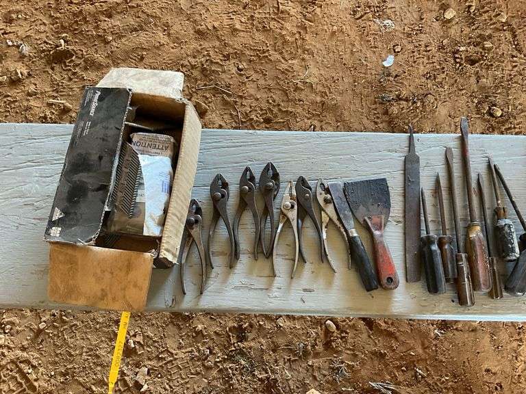 4 coffee cans of screwdrivers, pliers, and box of nails
