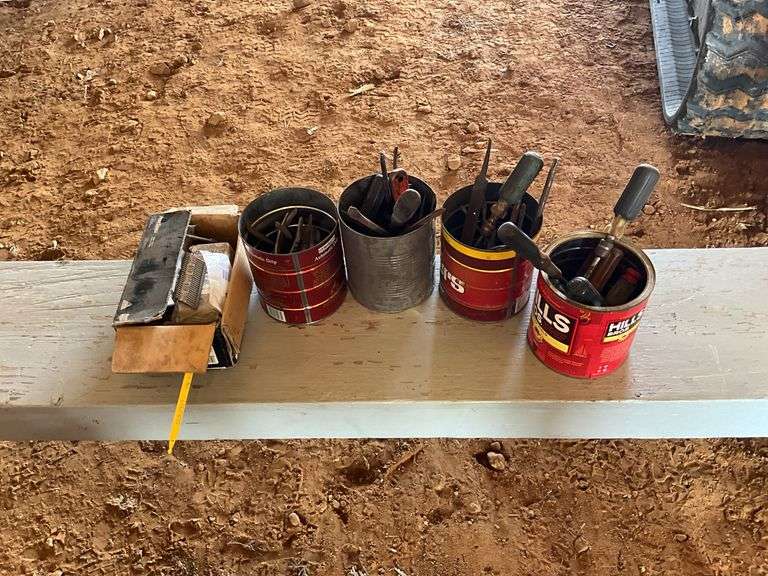 4 coffee cans of screwdrivers, pliers, and box of nails