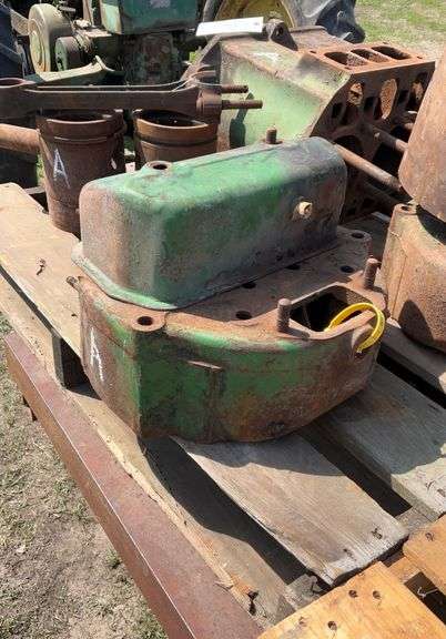 John Deere styled A head and block, pistons, rods, and water pipes