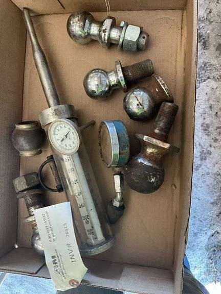 Assorted Ball Hitches, Thermometers, Compression Gauge