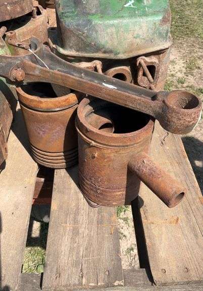 John Deere styled A head and block, pistons, rods, and water pipes