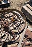 Pallet of (3) iron wheels, 28", (5) metal axles