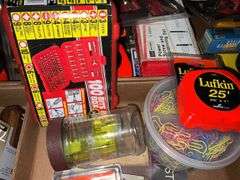 Flat of Best way Tools, 100 bits in a box; tape measures, clips