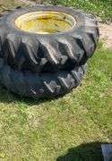 2- 18.4-34 tires axle mount rims, 9 bolt