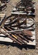 Pallet of (3) iron wheels, 28", (5) metal axles