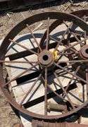 Pallet of (3) iron wheels, 28", (5) metal axles