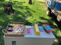 Flat of extension cords, air hose, hex keys, tape measure