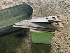 Galvanized Wash Tubs, Wooden Step, Vintage Hand Saws