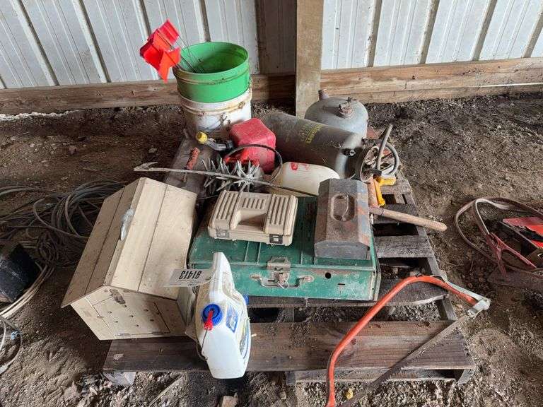 Pallet Containing - Lawn and Garden items, Camp Stove, Inflator, Gas Cans,