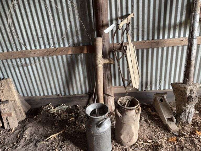 Runner Sled, Well Pump Pipe, Cream cans(one contains oil), bird house - loc