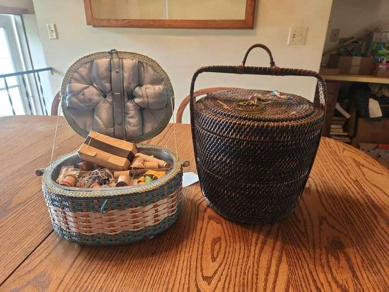 (2) Vintage Sewing Baskets,Containing Thread,Thimbles,Sewing Supplies