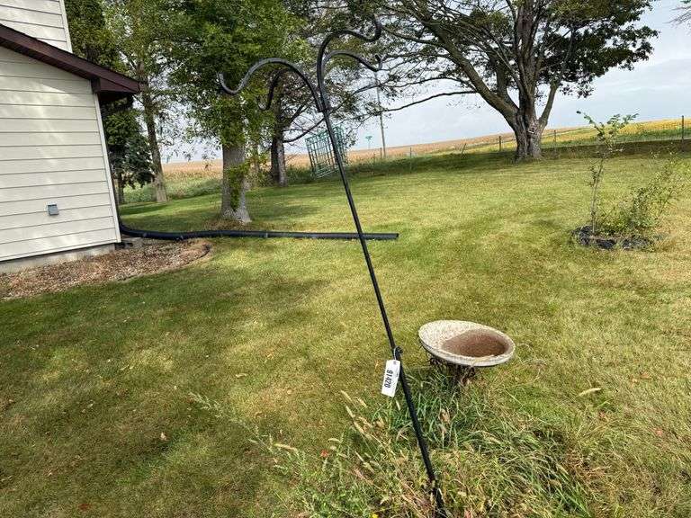 Concert Bird Bath With Metal Stand, Metal Shepherds Hook Plant Hanger, Loca