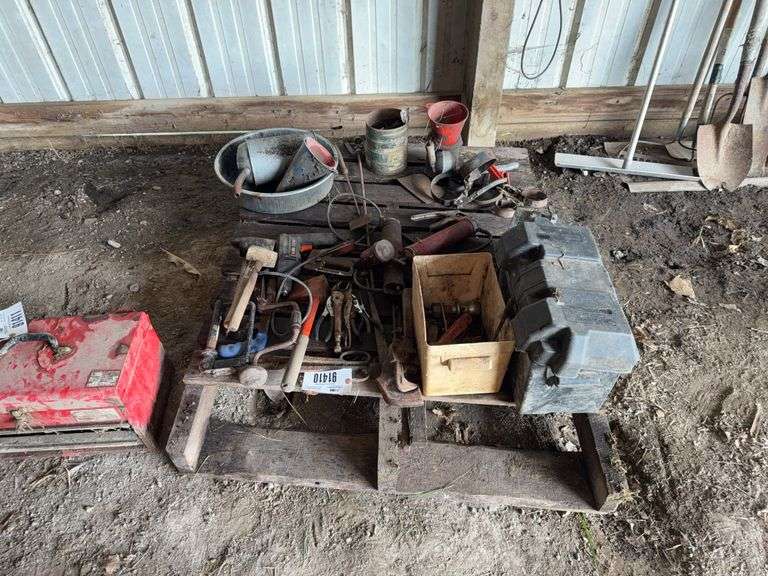 Pallet Containing- Tools, Battery Box, Grease Guns, Oil Cans - located in s