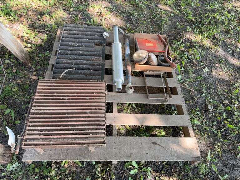 Pallet Containing Tractor Parts, Muffler, Lights, 3 Point Top Link, Side Sh
