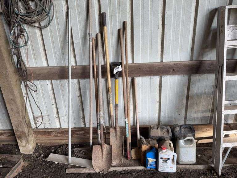 Shovels, Forks, Aluminum Roof  Snow Rake, Assorted oils and chemicals - loc