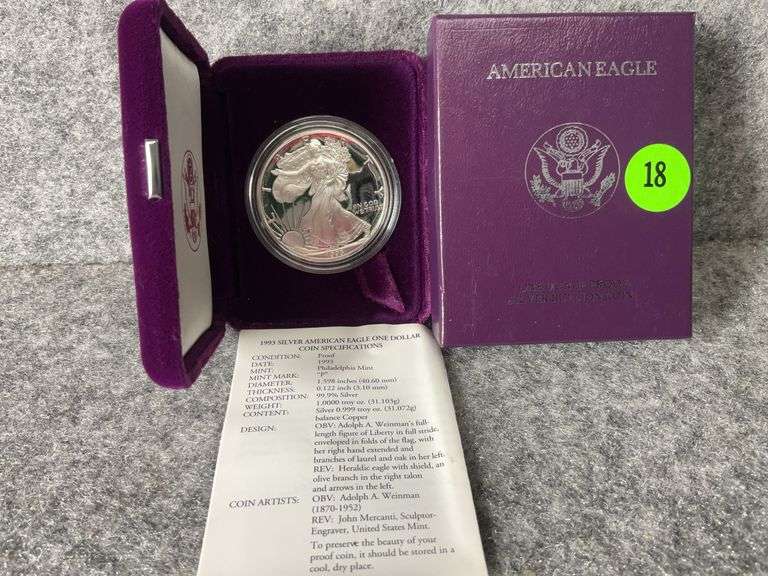 1993 American Eagle One-Ounce Fine Silver Dollar Coin, Mint Marked “P”, In
