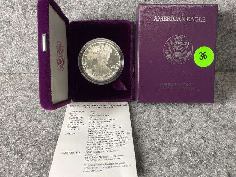1992 American Eagle Silver One Dollar Coin, Mint Marked “S”, COA, In Case A