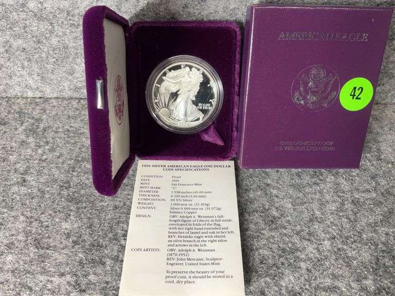1991 American Eagle Silver One Dollar Coin, Proof, Mint Marked “S”, COA, In