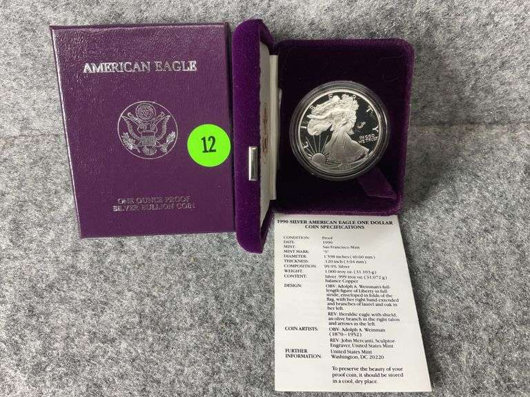 1990 American Eagle One-Ounce Fine Silver Dollar Coin, Mint Marked “S” In C