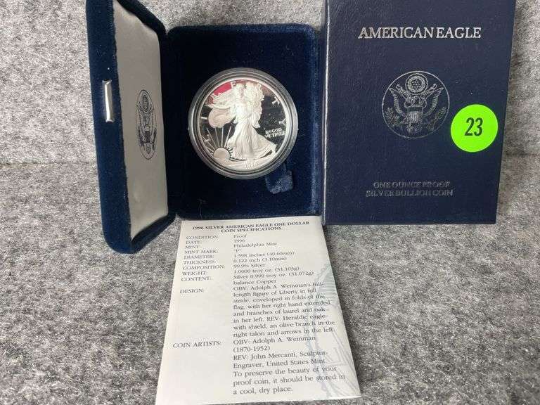 1996 American Eagle One-Ounce Fine Silver Dollar Coin, COA, Mint Marked “P