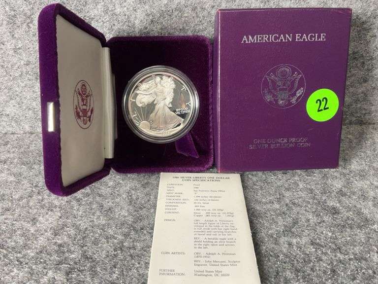 1986 American Eagle One-Ounce Fine Silver Dollar Coin, Mint Marked “S”, In