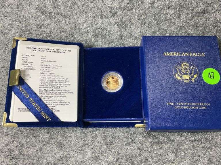 1990 One-Tenth Ounce American Eagle Five Dollar Gold Coin Proof, Mint Marke