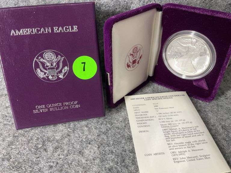 1989 American Eagle One-Ounce Fine Silver Dollar Coin, Mint Marked “S”, COA