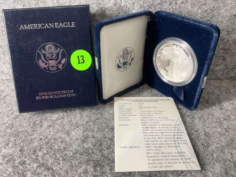 1994 American Eagle One-Ounce Fine Silver Dollar Coin, Mint Marked “P”, In