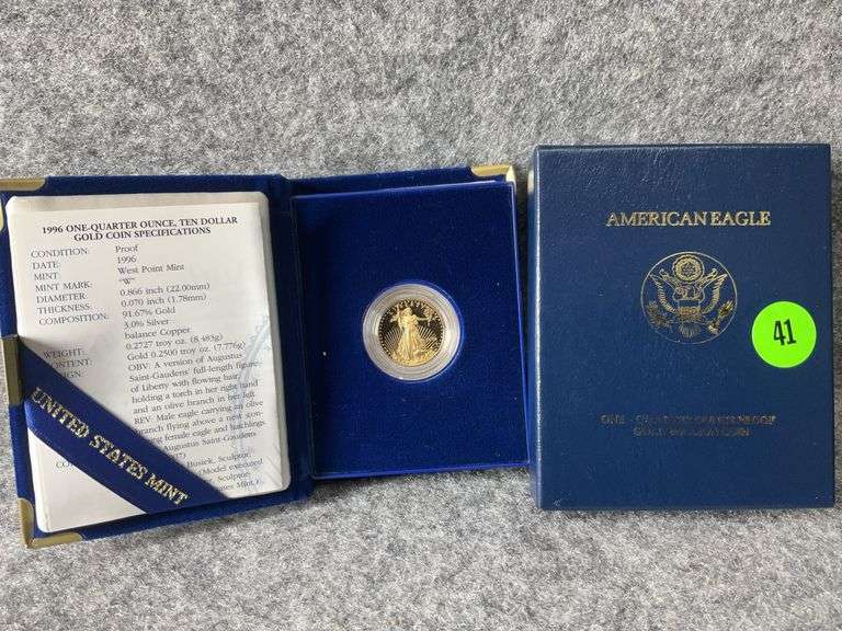 1996 One-Quarter Ounce Ten Dollar Gold Coin, Proof, Mint Marked “W”, COA, I