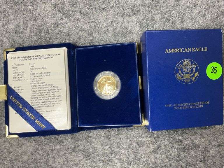 1991 One-Quarter Ounce, Ten Dollar Gold Coin, Proof, COA, Mint Marked “P”,