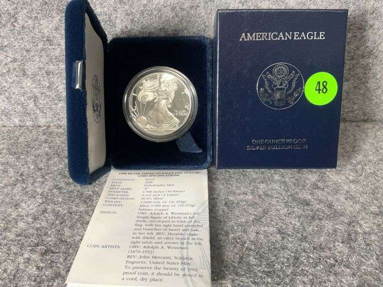 1998 American Eagle Silver Dollar Proof Coin, COA, Mint Marked “P”, Box and