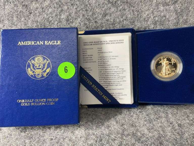 1992 One- Half Ounce Twenty- Five Dollar Gold Coin, Mint Marked “P”, COA,