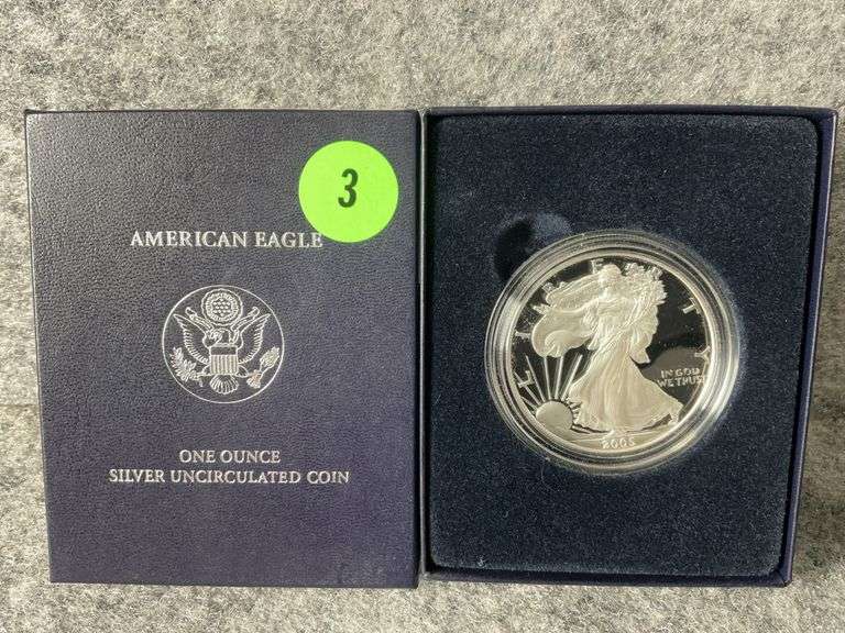2005 American Eagle One-Ounce Fine Silver Dollar Coin, Proof, Mint Marked “