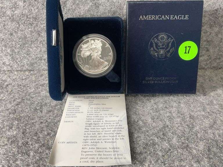 1998 American Eagle One-Ounce Fine Silver Dollar Coin, Mint Marked “P”, In