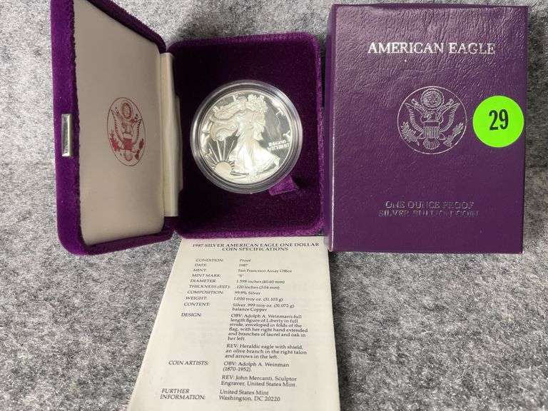 1987 American Eagle Silver One Dollar Coin, Proof, COA, Mint Marked “S”, I